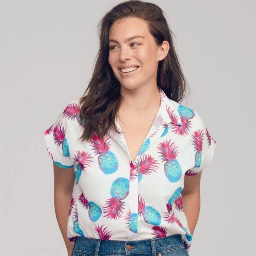 Bonobos White Button-Down Top with Teal and Magenta Pineapple Print